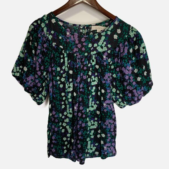 Loft Ann Taylor Floral Shirred Yoke Top Black Green size Small office work - Picture 4 of 16